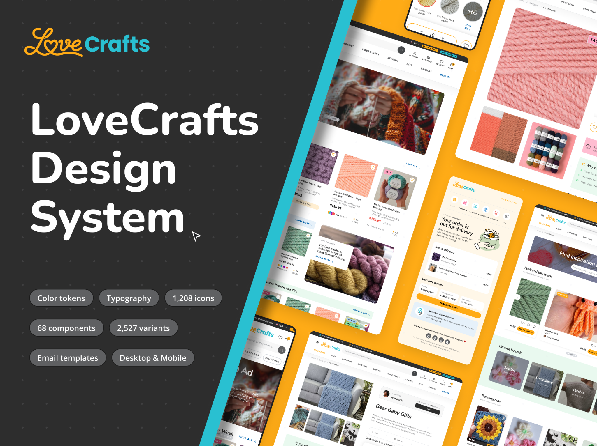 LoveCrafts design system presentation with responsive e-commerce interfaces